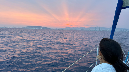 Private boat during the sunset in Barcelona